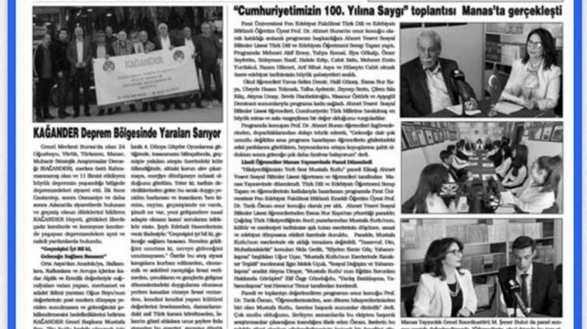 Osmaniye Yenises Önder Gazetesinde Okulumuz tarafından düzenlenen “Cumhuriyetin 100.Yılına Saygı “ Konulu Panel’e yer verilmiştir.